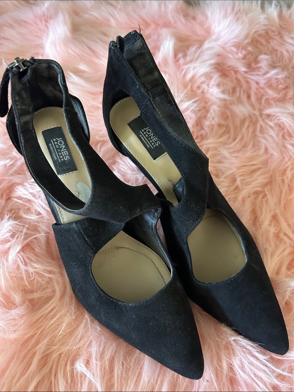 Jones New York Black Pointed Suede Cutout Heels with Ankle Strap